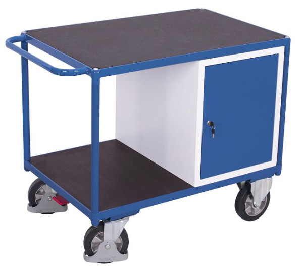 VARIOfit Schwerlast Werkstattwagen mit 2 Ladeflächen, Außenmaße: 1.390 x 800 x 930 mm, RAL 5010 enzianblau, mit verschließbarer Flügeltür, sw-800.620