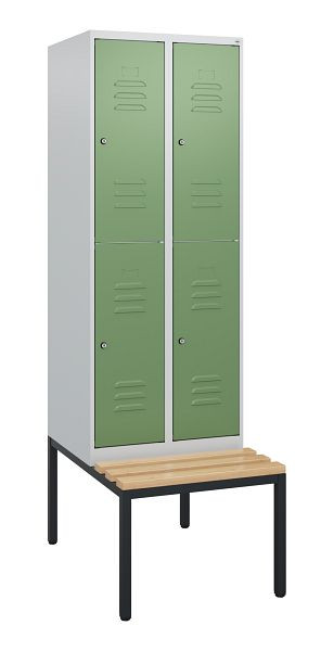 C+P Doppelstöckiger Spind Classic PLUS, 2 Abteile, 1950x600x815mm, 7035/6011, Zylinderschlösser, Buche-Sitzleisten, Sitzbank, 0803505-20 S10036