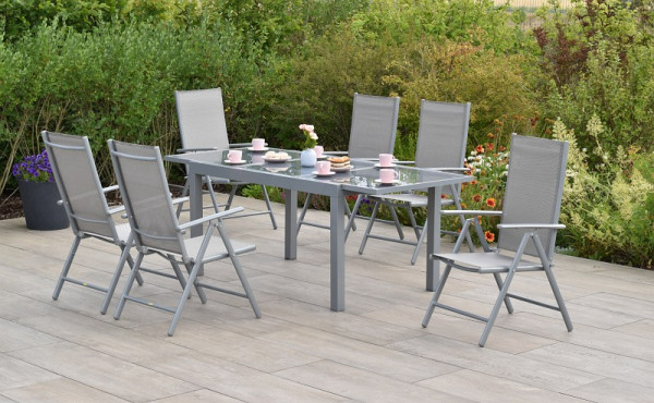 Merxx Amalfi Set 7-teilig, 6 Amalfi Klappsessel, Rückenlehne verstellbar, 1 Ausziehtisch 160 (220) x 90 cm, silber/diamantbraun, 50348-330