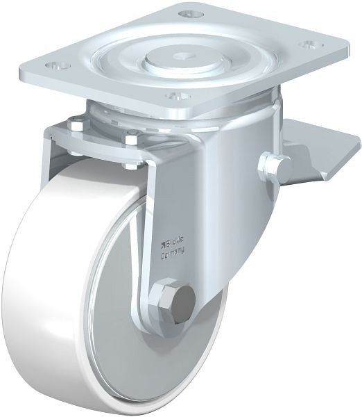 Blickle LH-PO 127K-ST-FA Stahlblech-Lenkrolle, Schwerlast-Ausführung, mit Anschraubplatte & Feststeller, Polyamid, Weiß, 852781