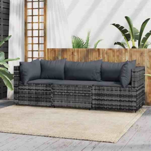 vidaXL 3-tlg. Garten-Lounge-Set mit Kissen Grau Poly Rattan, 319766