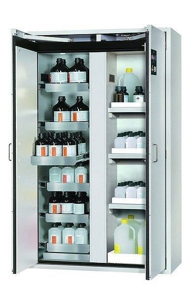 asecos Sicherheitsschrank S-CLASSIC-90, S90.196.120.MV.WDAS in lichtgrau RAL 7035 mit 6x Auszugswanne Standard (Edelstahl), 30348-001-30352