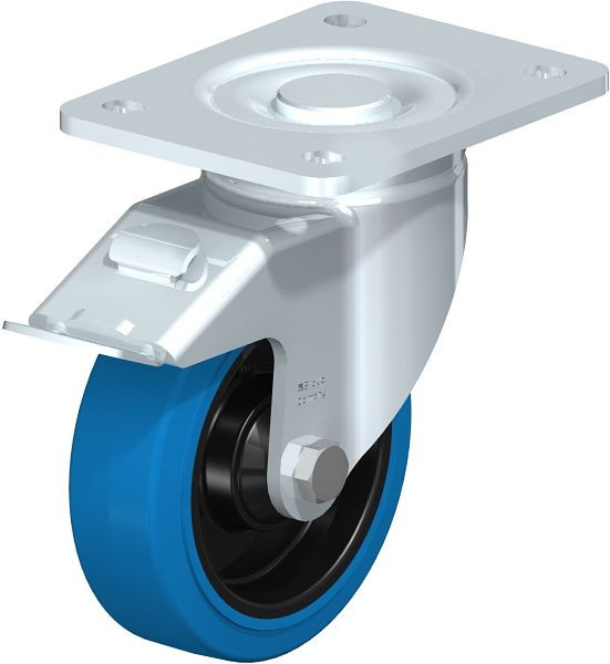 Blickle LH-POEV 125K-3-FI-SB Stahlblech-Lenkrolle, Schwerlast-Ausführung, mit Anschraubplatte & Feststeller, Elastik-Vollgummi, Blau, 739748