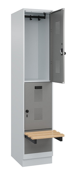 C+P Doppelstock-Spind Evolo PLUS, Bank, 2 Fächer, 1950x400x815mm, 7035/0004, Drehriegel, Sitzfläche Buche-Hartholz, mit Sockel, 049340-12 S10014