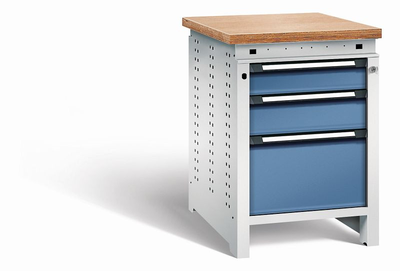 Otto Kind Werkbank Serie function Typ 106, Multiplexplatte, bündig, 3 Schubladen, mit Zentralverschluss, Gehäuse RAL 7035, Front RAL 5023, 072323164