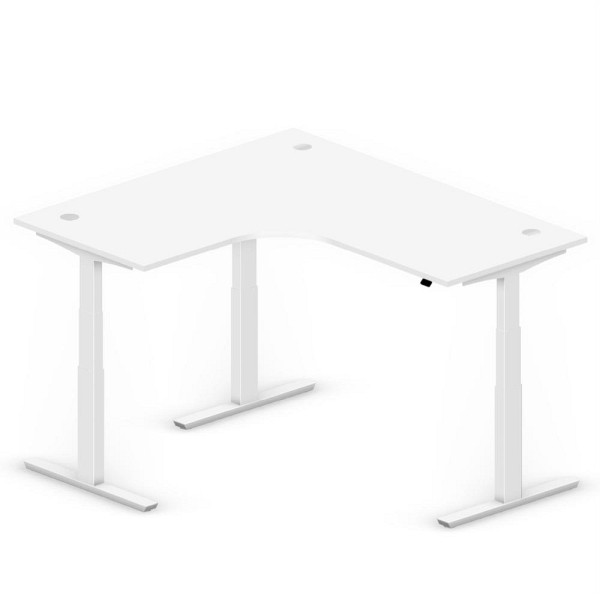 Deskin XXL Sitz-/ Stehschreibtisch Jumbo MULTI M, Dekor weiß, T-Fuß-Stahlgestell in Weiß RAL 9016, linksseitig geformt, 295131