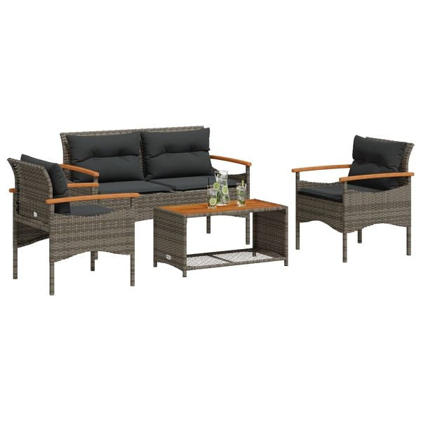 vidaXL 4-teilig Garten-Sofagarnitur mit Kissen Grau Poly Rattan, 368399