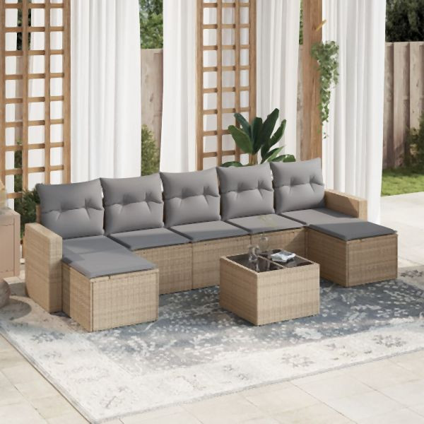 vidaXL 8-tlg. Garten-Sofagarnitur mit Kissen Beige Poly Rattan, 3251686