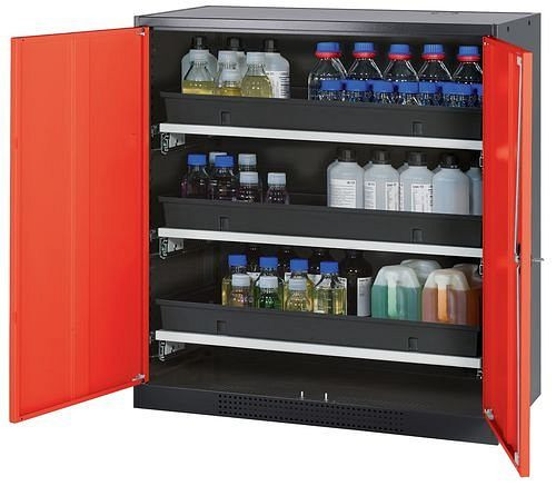 asecos Chemikalienschrank Systema-T CS-103, Korpus anthrazit, Flügeltüren rot, 3 Tablarauszüge, 208866