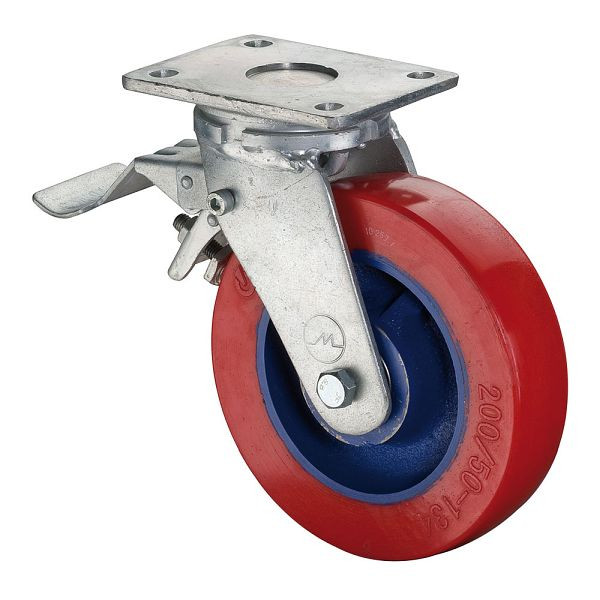 BS Rollen Schwerlastrolle mit Rad-/Feststeller, Breite 50 mm, Ø250 mm, bis 800 kg, Guss-Polyurethan 78 Shore A, Körper Guss, Kugellager, RR120.C11.250