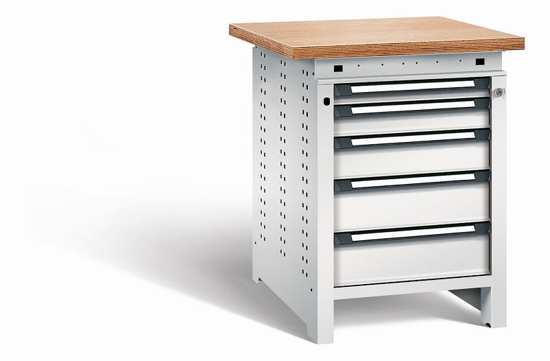 Otto Kind Werkbank Serie function Typ 109, Multiplexplatte, überstehend, 5 Schubladen, mit Zentralverschluss, komplett RAL 7035, 072326217