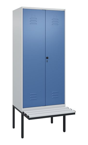 C+P Umkleidespind Classic PLUS SW, 2 Abteile, 2120x800x815mm, 7035/5023, Drehriegel, Untergestell & Sitzfläche, 0800427-22 S10035