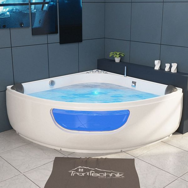 TroniTechnik Eckbadewanne mit Whirlpool 135x135 cm, Sitz, Acryl 2 Personen, Eck-Badewanne, Armatur, freistehend, vormontiert, Indoor, LED, 1051
