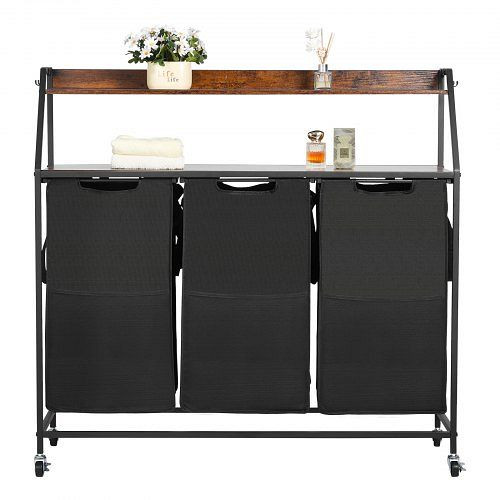 VEVOR Wäschekorb Wäschesortierer 3 Fächer (600D Oxfordstoff) mit Holztischplatte, auf Rollen, und Leiterregalen, XYLEKJSMGBS2MC1WJ001V0