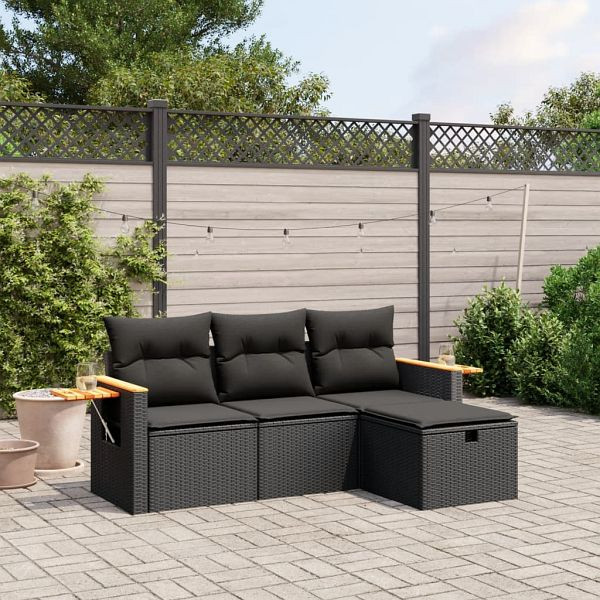 vidaXL 4-teilig Garten-Sofagarnitur mit Kissen Schwarz Poly Rattan, 3265486