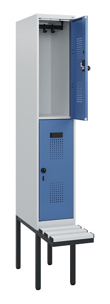 C+P Doppelstock-Spind Evolo PLUS, Bank, 2 Fächer, 1950x300x815mm, 7035/5023, Drehriegel, Sitzfläche Kunststoff, 0493405-10 S10097