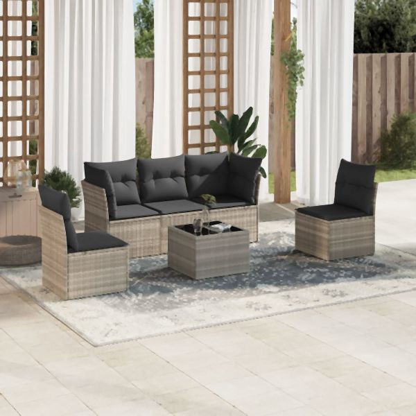 vidaXL 6-tlg. Garten-Sofagarnitur mit Kissen Hellgrau Poly Rattan, 3217362