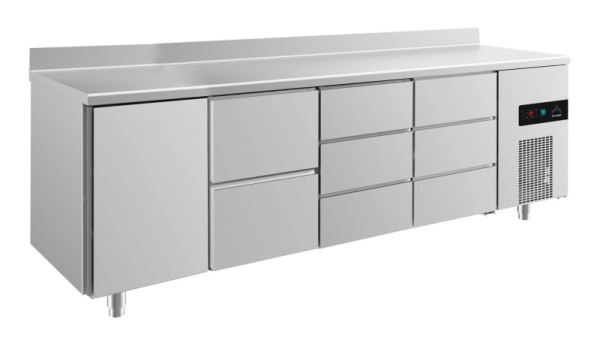 A&S Polarny Kühltisch -2 bis +8°C mit Tür links, zwei Schubladen mittig-links und 2x drei Schubladen, 2330 x 700 x 850 mm, mit Aufkantung, KT4TZDDA