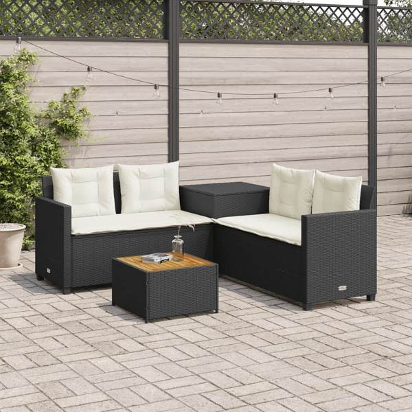 vidaXL Gartensofa in L-Form mit Tisch und Kissen Schwarz Poly Rattan, UV-beständig, 369036