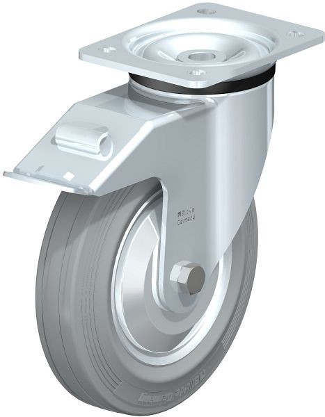 Blickle LK-RD 202R-FI-VLI-FA Stahlblech-Lenkrolle, schwere Ausführung, mit Anschraubplatte & Feststeller, Zweikomponenten-Vollgummi, Grau, 750479