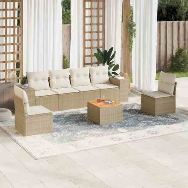 vidaXL 7-tlg. Garten-Sofagarnitur mit Kissen Beige Poly Rattan, UV-beständig, 3257724