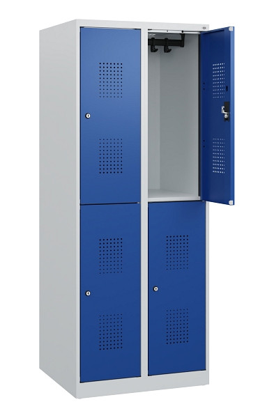 C+P Doppelstöckiger Spind Evolo PLUS, 4 Fächer, 1530x600x500mm, 7035/5010, Zylinderschloss, 0493005-20 S10029