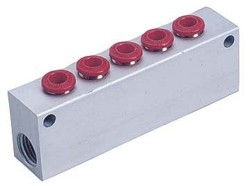 timmer B-VT-5x6-2x1/4-AL, Verteilerblock Aluminium mit 2 Gewindeanschlüssen, und 5 Steckanschlüssen, Schlauch-Ø: 6 mm, Gewinde: 1/4", VE: 5 Stück, 03903507