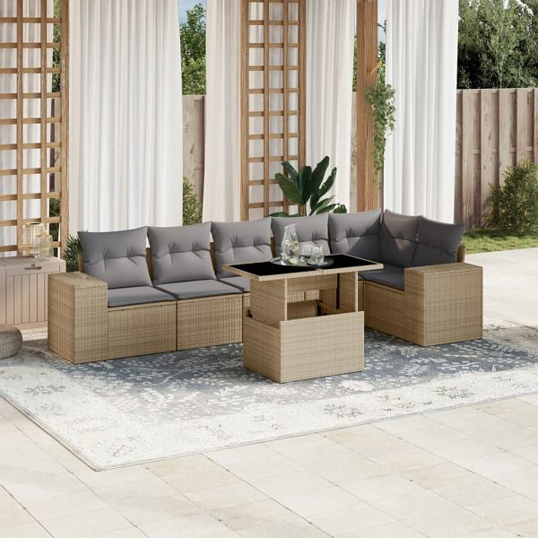 vidaXL 7-tlg. Garten-Sofagarnitur mit Kissen Beige Poly Rattan, 3269179