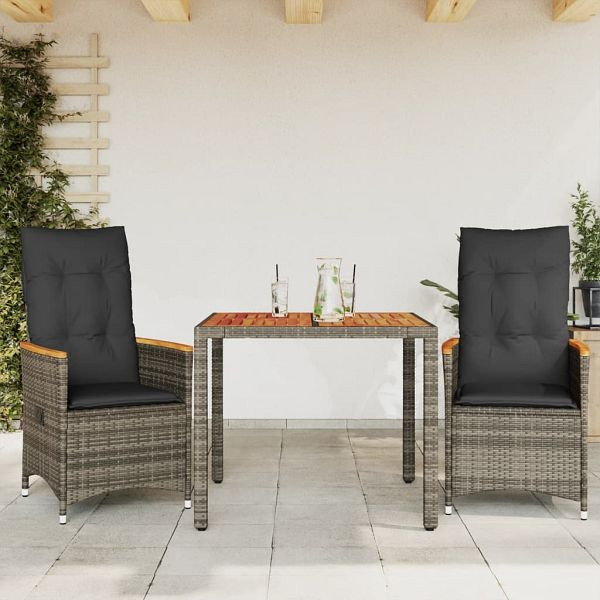 vidaXL 3-tlg. Bistro-Set mit Kissen Grau Poly Rattan, 3276843