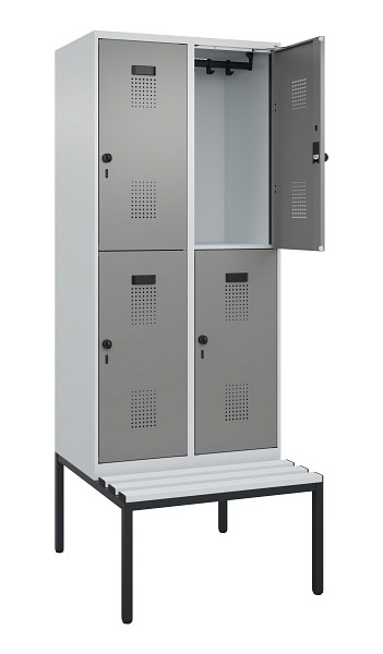 C+P Doppelstock-Spind Evolo PLUS, Bank, 4 Fächer, 2120x800x815mm, 7035/0004, Drehriegel, Sitzfläche Kunststoff, Sitzbank, 0493507-22 S10095