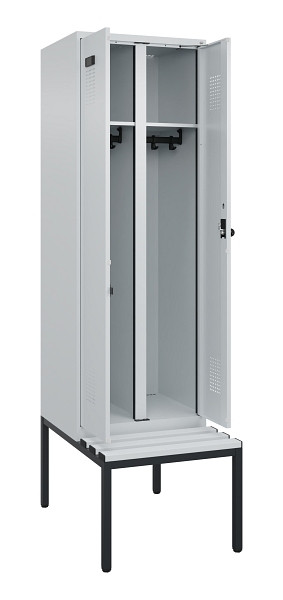 C+P Schwarz-Weiß-Spind Evolo PLUS, Bank, 2 Abteile, 2120x600x815mm, 7035/7035, Drehriegel, Sitzfläche Kunststoff, Sitzbank, 0490527-20 S10067