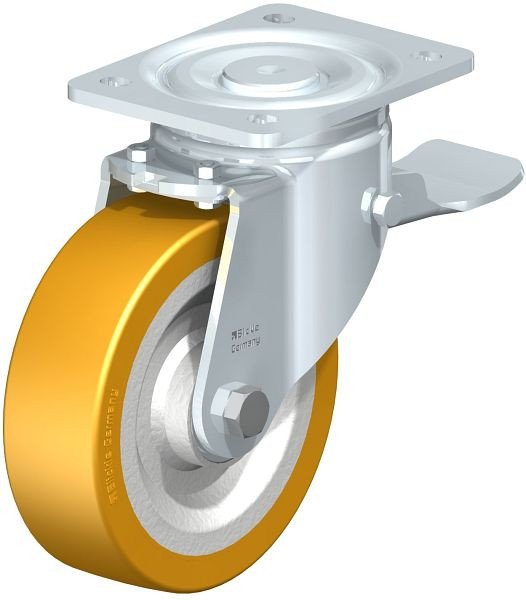 Blickle LH-SETH 160K-ST Stahlblech-Lenkrolle, Schwerlast-Ausführung, mit Anschraubplatte & Feststeller, Blickle Extrathane®, Hellbraun, 51599
