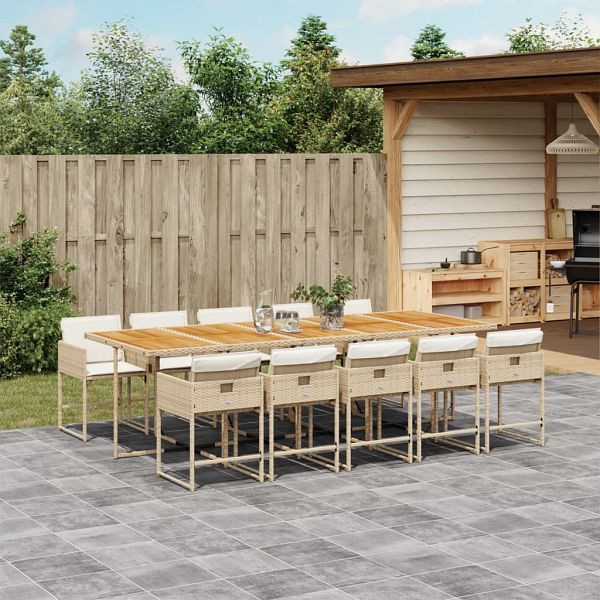 vidaXL 11-tlg. Garten-Essgruppe mit Kissen Beige Poly Rattan, 3278067