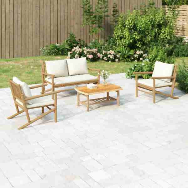 vidaXL 4-tlg. Garten-Lounge-Set mit Cremeweißen Kissen Bambus, 3156471