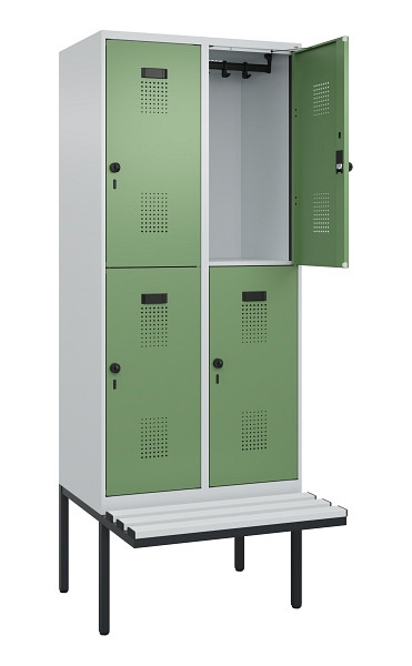 C+P Doppelstock-Spind Evolo PLUS, Bank, 4 Fächer, 2120x800x815mm, 7035/6011, Drehriegel, Sitzfläche Kunststoff, 0493407-22 S10091