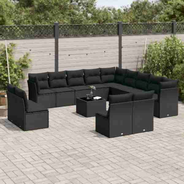 vidaXL 14-tlg. Garten-Sofagarnitur mit Kissen Schwarz Poly Rattan, UV-beständig, 3250334