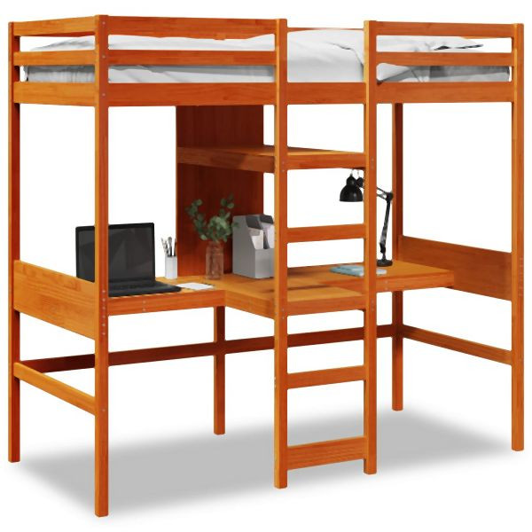 vidaXL Hochbett mit Schreibtisch & Ablagen Braun 90x200 cm Kiefernholz, 3308543