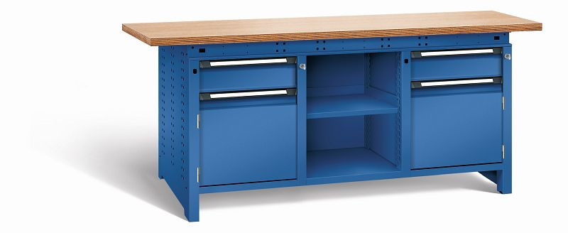 Otto Kind Werkbank Serie function Typ 308, Multiplexplatte 40 mm, überstehend, 2x Unterbau + mittleres Feld, komplett RAL 5010, 072363213