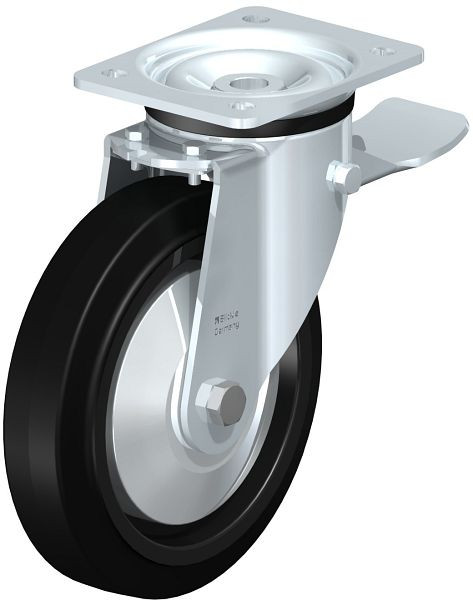 Blickle LK-POEV 200XKA-ST-FA Stahlblech-Lenkrolle, schwere Ausführung, mit Anschraubplatte & Feststeller, Elastik-Vollgummi, Schwarz, 851362