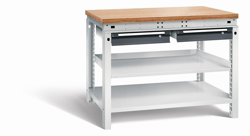 Otto Kind Werkbank Serie function Typ 209, Multiplexplatte 40 mm, bündig, 2 Schubladen 120 mm, Gehäuse RAL 7035, Front RAL 7016, 072339149