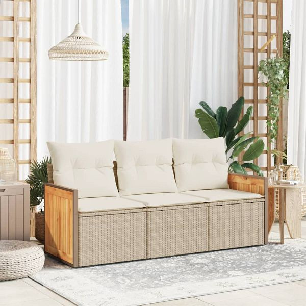 vidaXL 3-teilig Garten-Sofagarnitur mit Kissen Beige Poly Rattan, 3227437