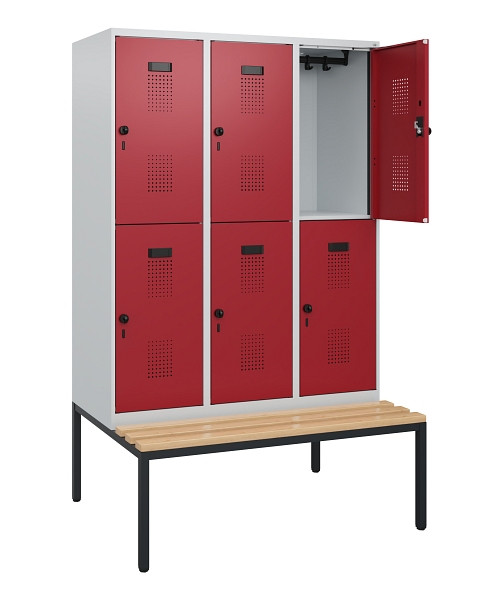 C+P Doppelstöckiger Spind Evolo PLUS, Bank, 6 Fächer, 1950x1200x815mm, 7035/3003, Drehriegel, Sitzfläche Buche-Hartholz, Sitzbank, 0493505-32 S10004