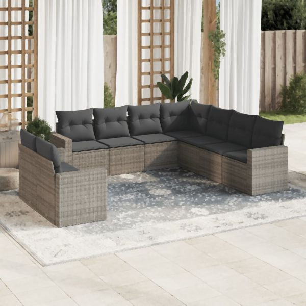 vidaXL 9-tlg. Garten-Sofagarnitur mit Kissen Grau Poly Rattan, 3251487