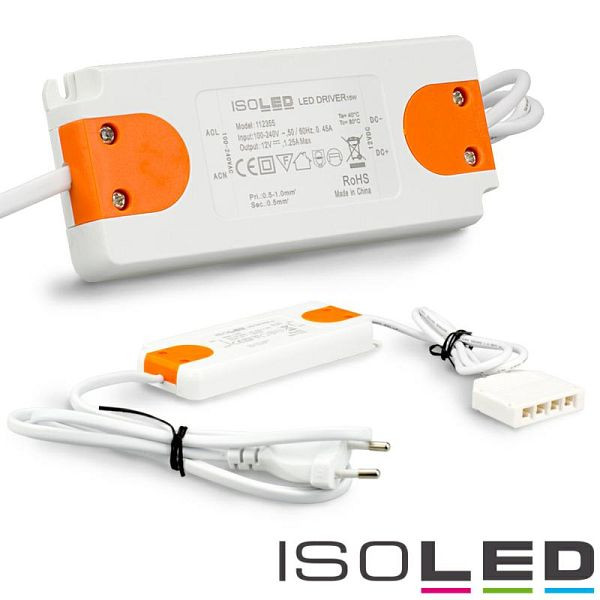 ISOLED LED Trafo MiniAMP Slim 12V/DC, 0-15W, mit Flachstecker und 4fach Mini AMP-Verteiler, 112355