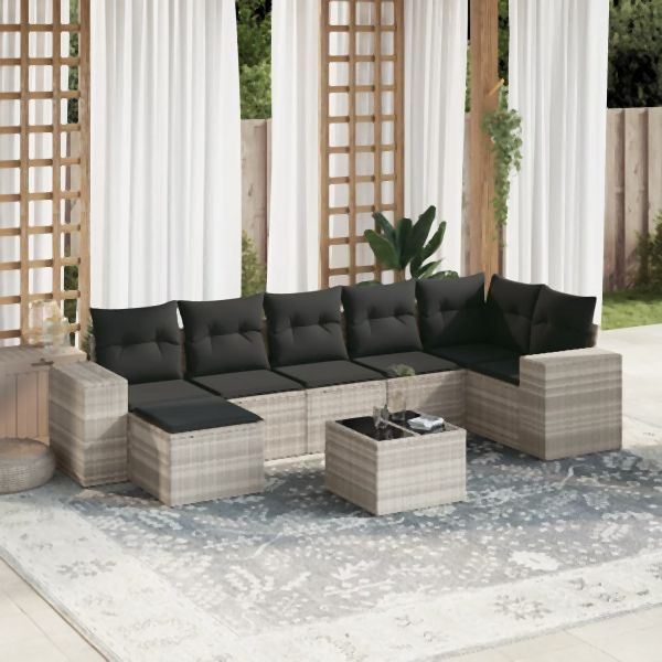 vidaXL 8-tlg. Garten-Sofagarnitur mit Kissen Hellgrau Poly Rattan, 3255229