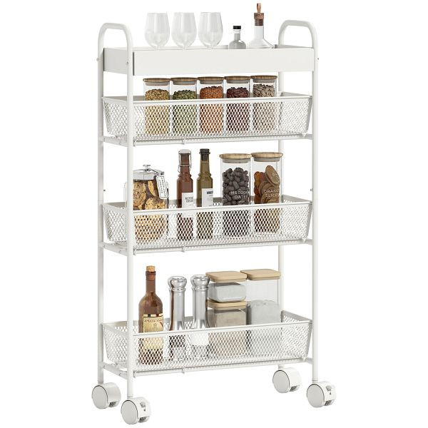 HOMCOM Küchenwagen aus Metall, 3 Körbe, schmales Design, 4 Räder, für Küche, Wohnzimmer, Badezimmer, Weiß, 801-425V00WT