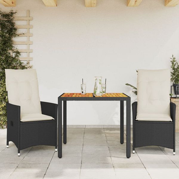 vidaXL 3-teilig Bistro-Set mit Kissen Schwarz Poly Rattan und Akazie, 3276679