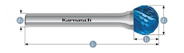 Karnasch Hartmetall-Frässtift Blue-Tec beschichtet KUD/ HP-6 d1=12/ l2=11,0 / d2=8 / l1=56mm, VE: 2 Stück, 115034085