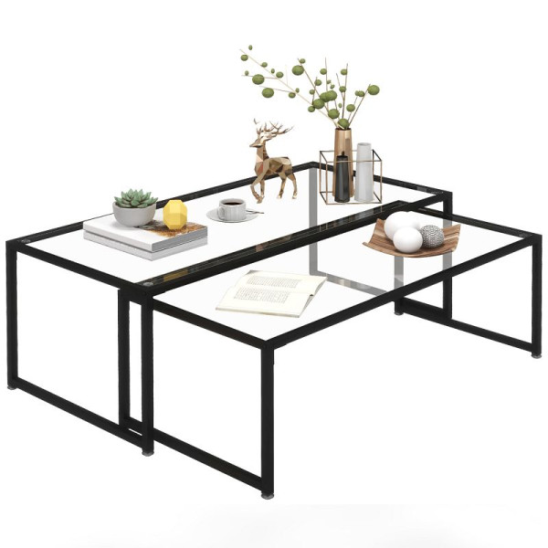 HOMCOM 2er-Set Couchtische, Glastische, mit pulverbeschichtetem Stahl, Schwarz + Transparent, 839-791V00BK
