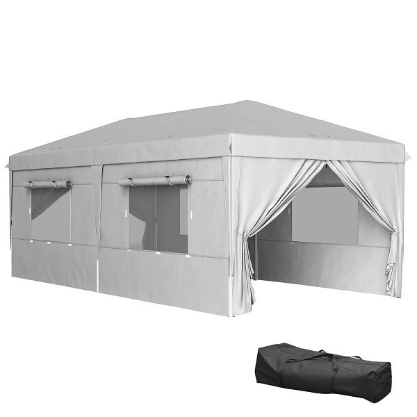Outsunny 3 x 6 m Pop-up-Pavillon mit Seitenwänden und Tragetasche, UPF50+ höhenverstellbares Gartenzelt, Hellgrau, 84C-601V00LG